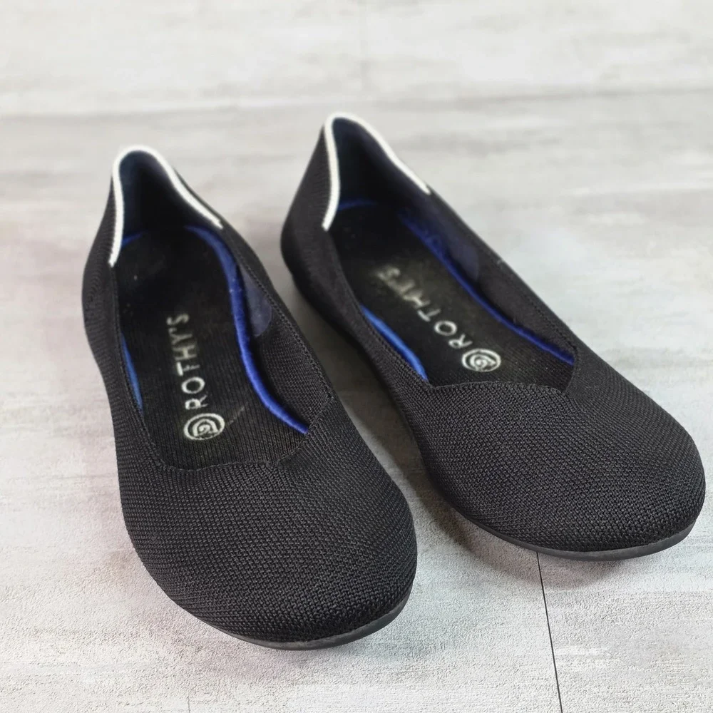 Rothy's Black Knit Slip On Flats Blue Trim Womens Size 9 Washable Comfort
